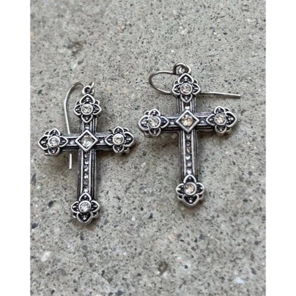 Vintage Cross Silver Tone Hook Religious Cross Dangle White Stone Earrings 1” - Picture 13 of 16